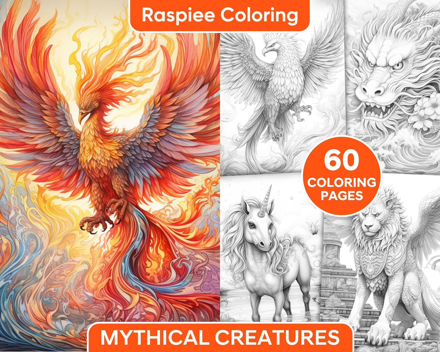 60 Mythical Creatures Grayscale Coloring Pages for Adults, Printable PDF Instant Download