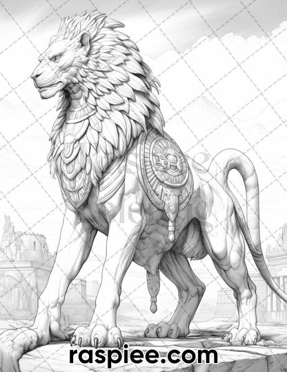 60 Mythical Creatures Grayscale Coloring Pages for Adults, Printable PDF Instant Download
