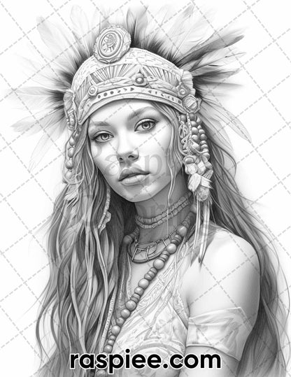 60 Bohemian Beauties Grayscale Coloring Pages for Adults, Printable PDF Instant Download