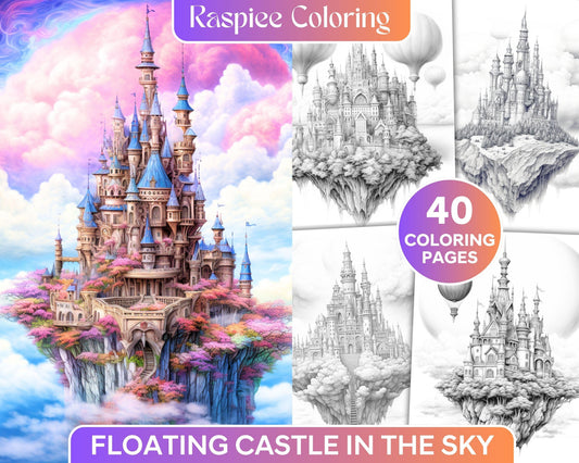 Floating Castle in the Sky Grayscale Coloring Pages for Adults, Printable PDF File Instant Download