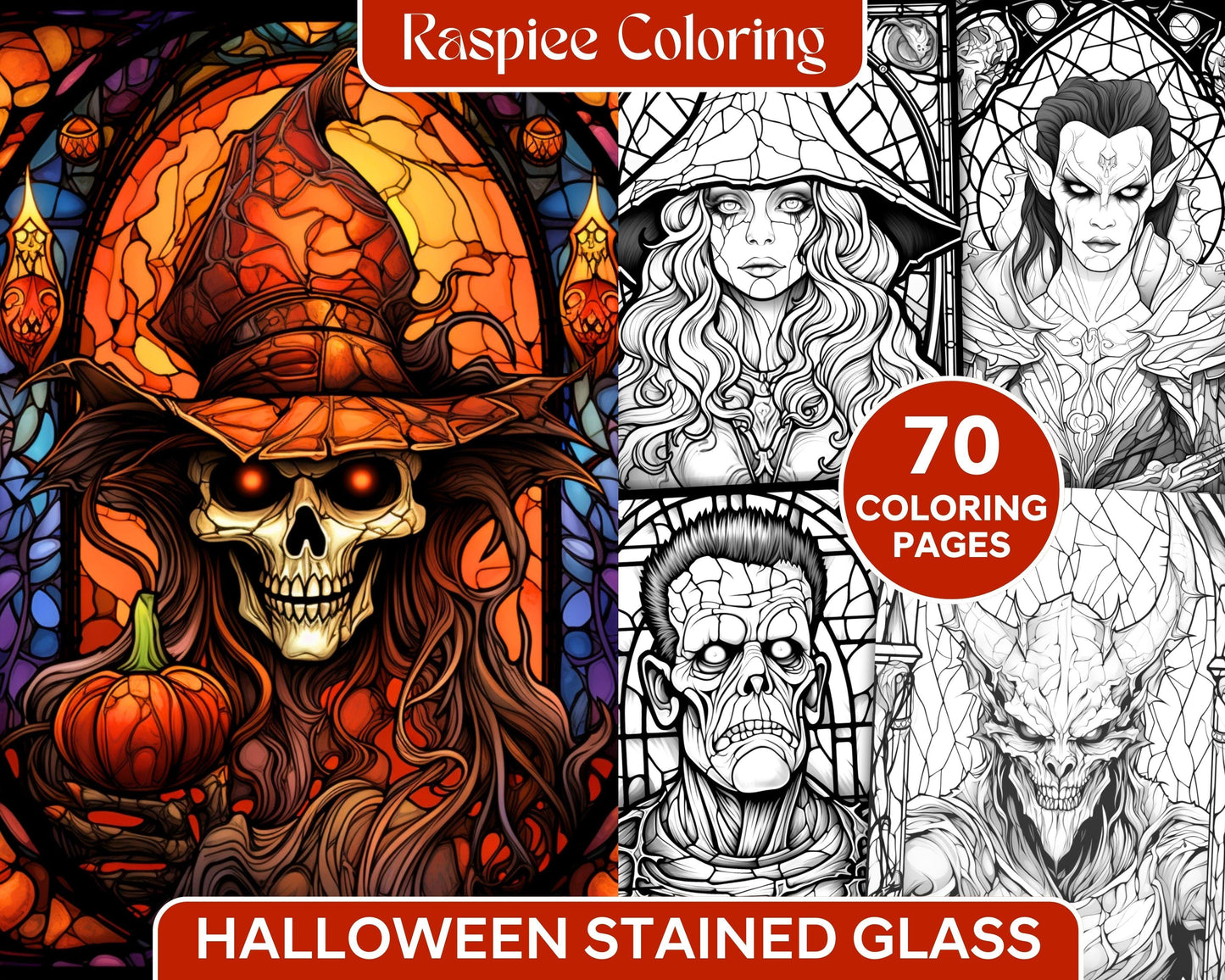 70 Halloween Stained Glass Grayscale Coloring Pages Printable for Adults, PDF File Instant Download