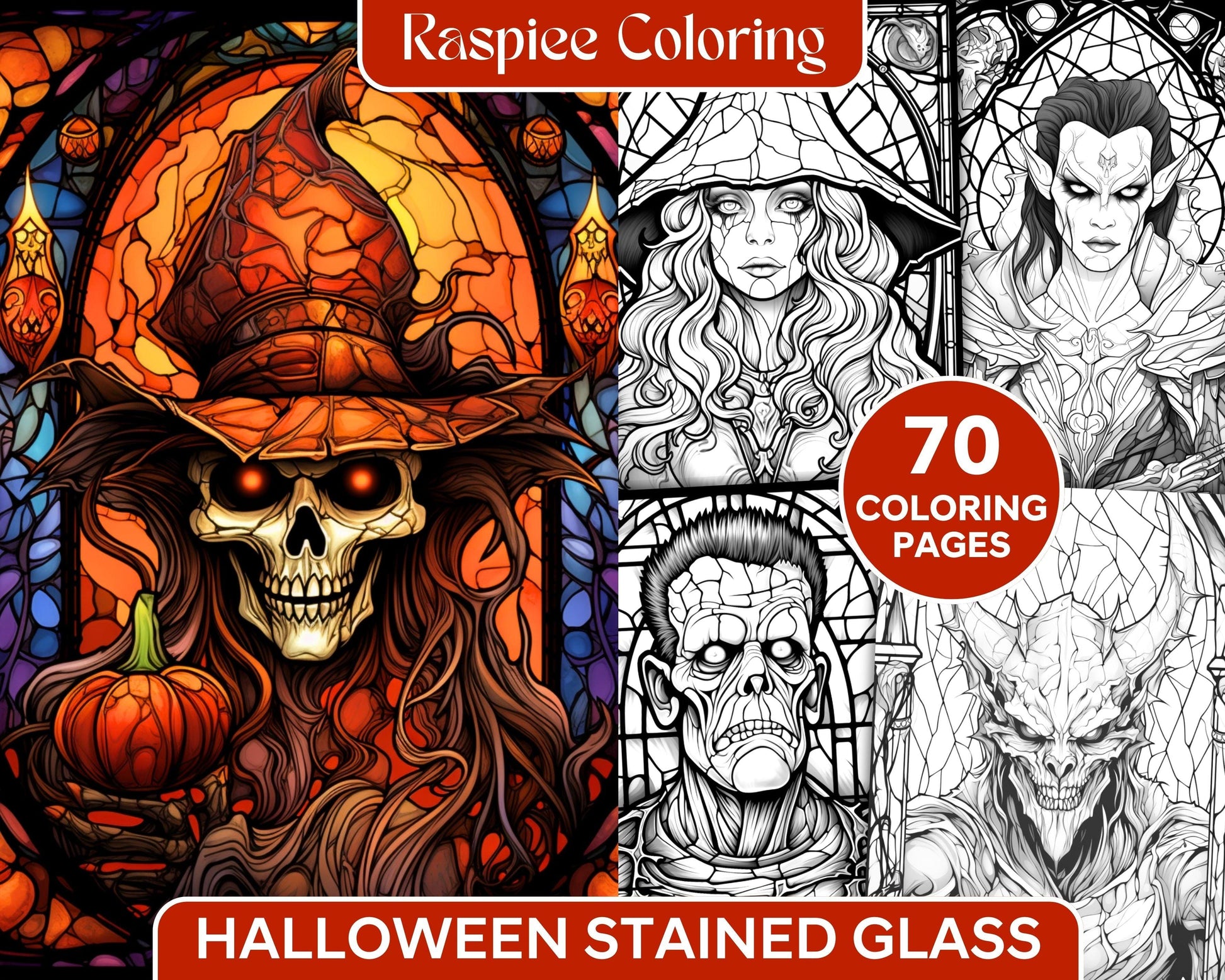 70 Halloween Stained Glass Grayscale Coloring Pages Printable for Adults, PDF File Instant Download