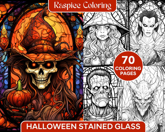 70 Halloween Stained Glass Grayscale Coloring Pages Printable for Adults, PDF File Instant Download