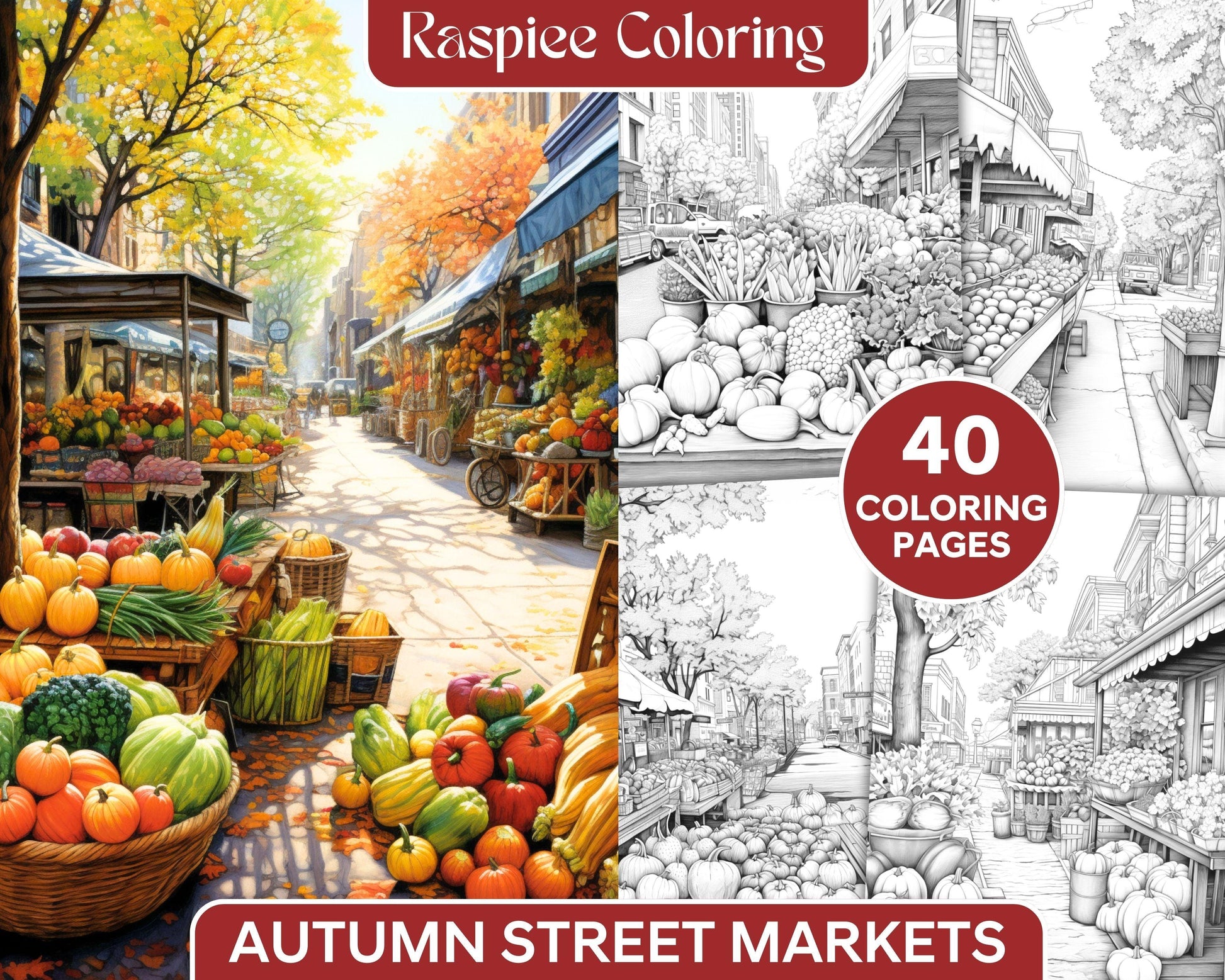 Autumn Street Markets Grayscale Coloring Pages for Adults, Printable PDF File Instant Download