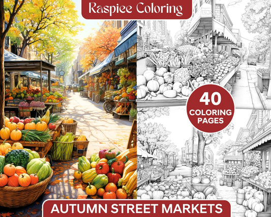 Autumn Street Markets Grayscale Coloring Pages for Adults, Printable PDF File Instant Download