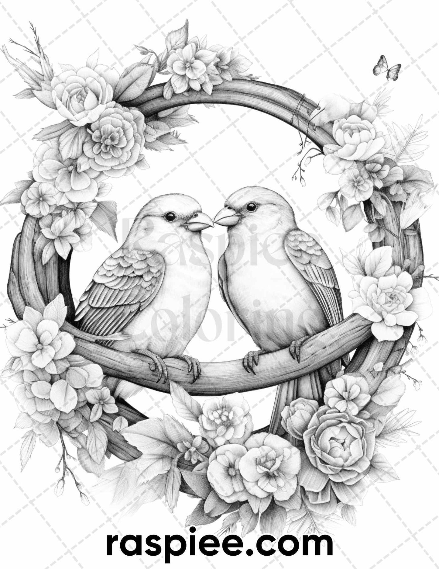 50 Lovebird Couple with Flowers Grayscale Coloring Pages for Adults, Printable PDF Instant Download