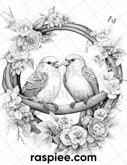 50 Lovebird Couple with Flowers Grayscale Coloring Pages for Adults, Printable PDF Instant Download