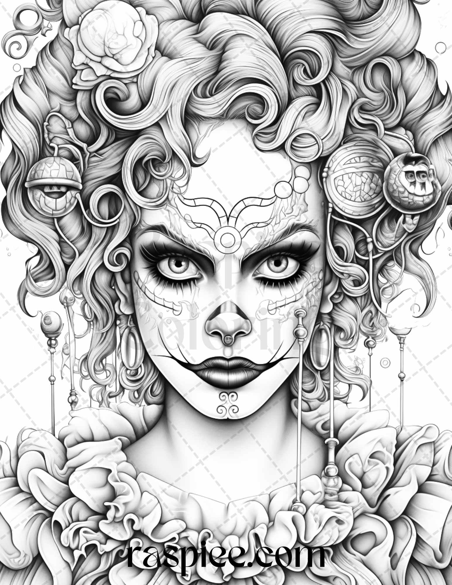 50 Scary Clown Girls Grayscale Coloring Pages Printable for Adults, PDF File Instant Download