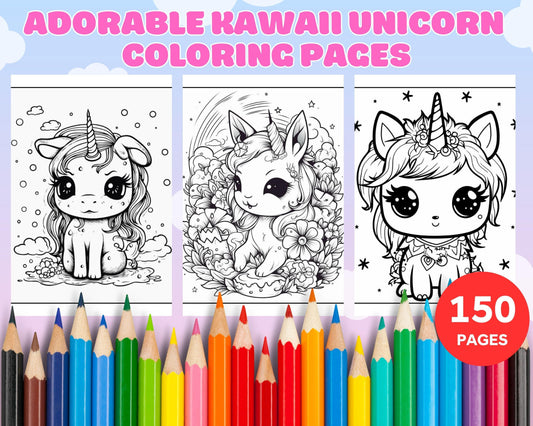 150 Adorable Kawaii Unicorn Printable Coloring Pages for Kids, Printable PDF File Instant Download