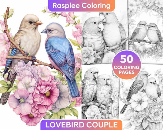 50 Lovebird Couple with Flowers Grayscale Coloring Pages for Adults, Printable PDF Instant Download