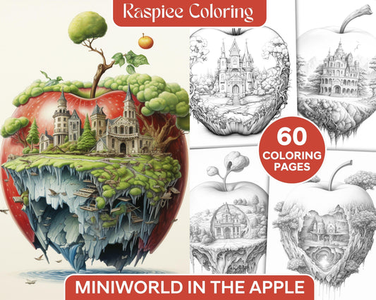 60 Miniworld in the Apple Grayscale Coloring Pages Printable for Adults, PDF File Instant Download