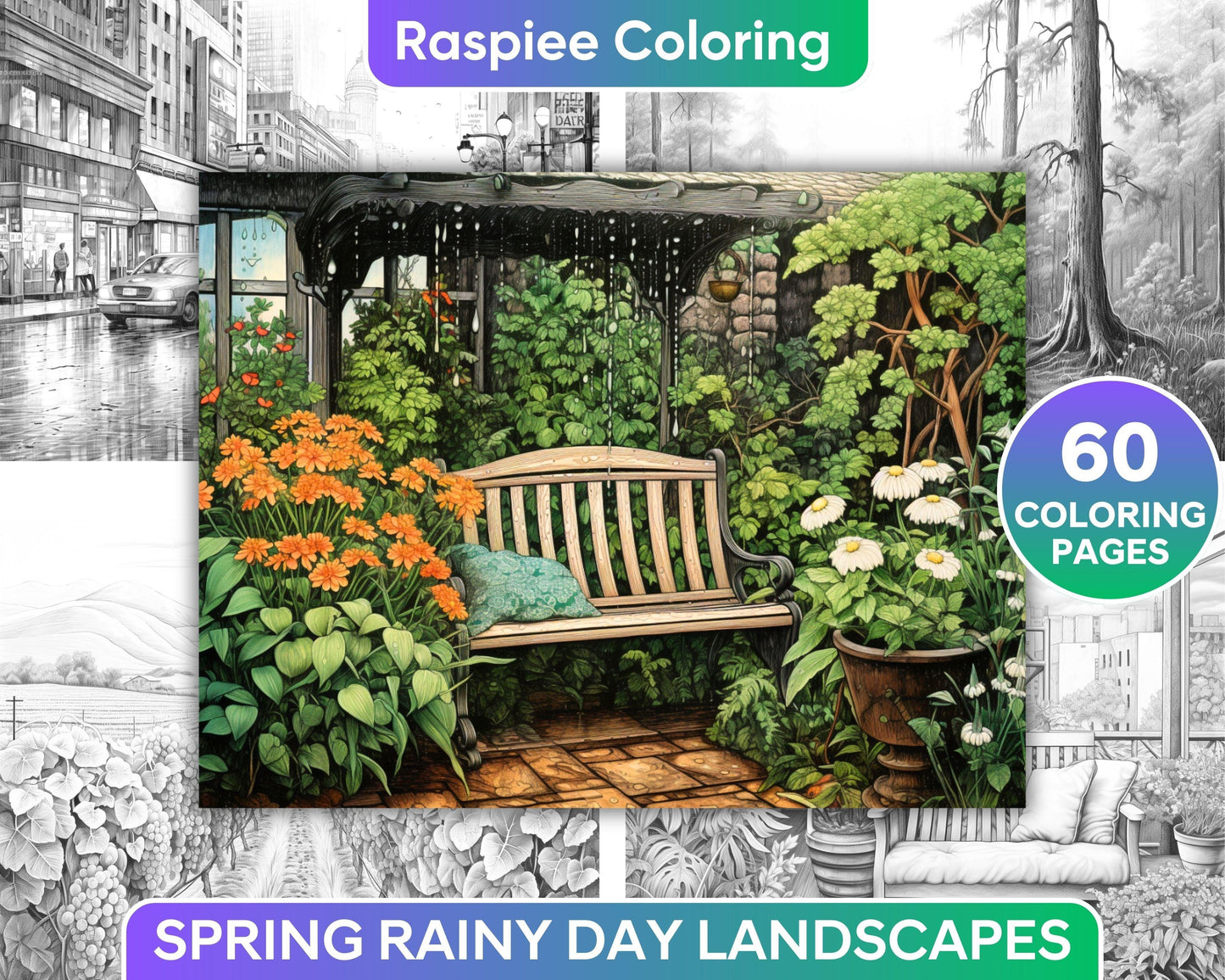 60 Spring Rainy Day Landscapes Grayscale Adult Coloring Pages, Printable PDF Instant Download
