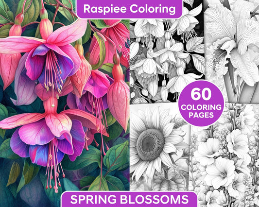 60 Spring Blossoms Grayscale Adult Coloring Pages, Printable PDF Instant Download