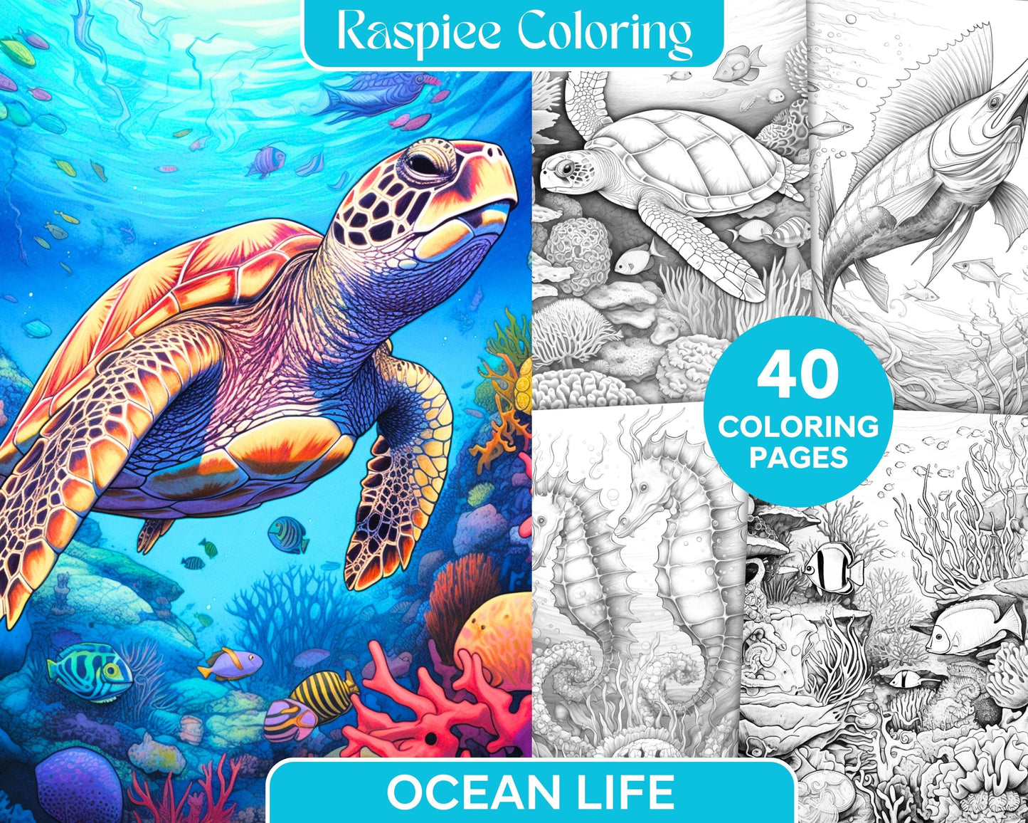Ocean Life Grayscale Coloring Pages Printable for Adults Relaxation and Creativity, PDF File Instant Download