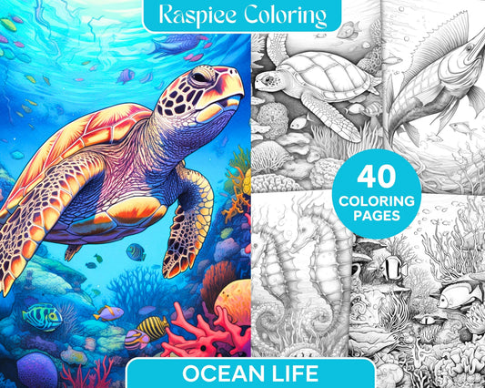 Ocean Life Grayscale Coloring Pages Printable for Adults Relaxation and Creativity, PDF File Instant Download