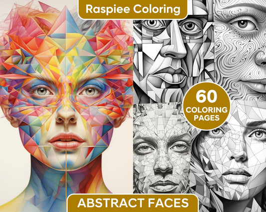 60 Abstract Faces Grayscale Adult Coloring Pages, Printable PDF Instant Download
