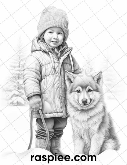 50 Baby Winter Portrait Grayscale Coloring Pages Printable for Adults, PDF File Instant Download