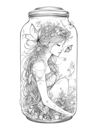 Fairy Girl in Jar Coloring Pages for Adults, Free Printable PDF Instant Download