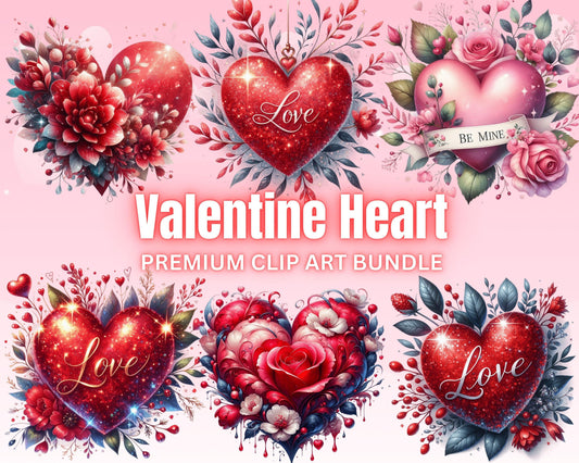 Romantic Valentine Heart Clipart Bundle, 52 PNG High-Res Files for Commercial Use and DIY Projects