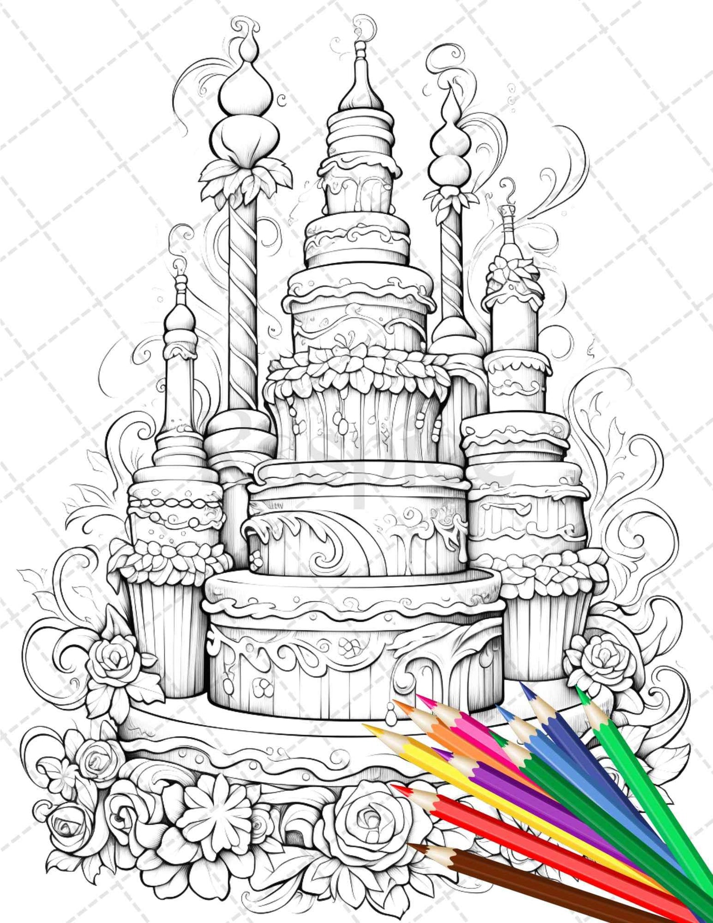 38 Whimsical Cakes Grayscale Coloring Pages for Adults, PDF File Instant Download