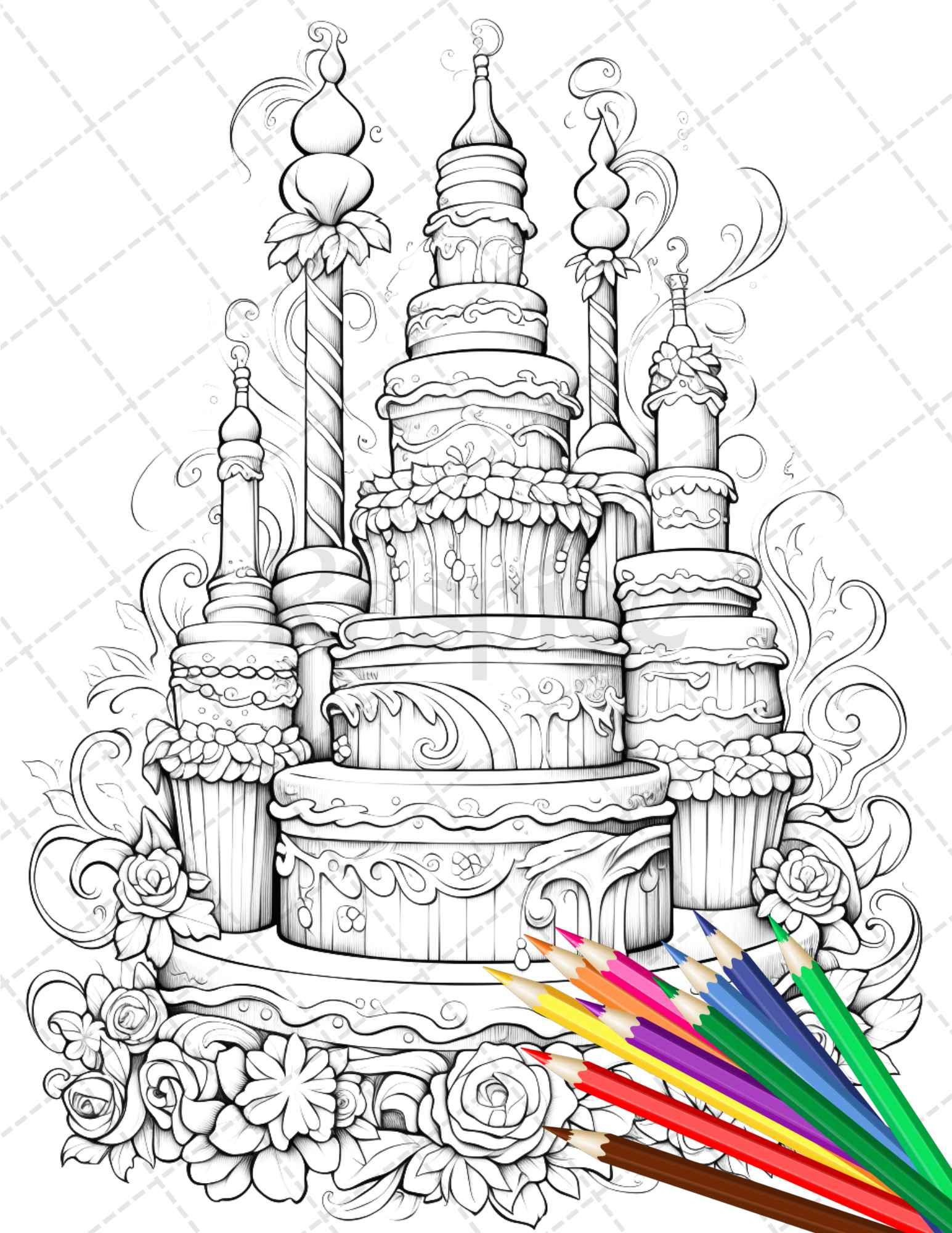 38 Whimsical Cakes Grayscale Coloring Pages for Adults, PDF File Instant Download