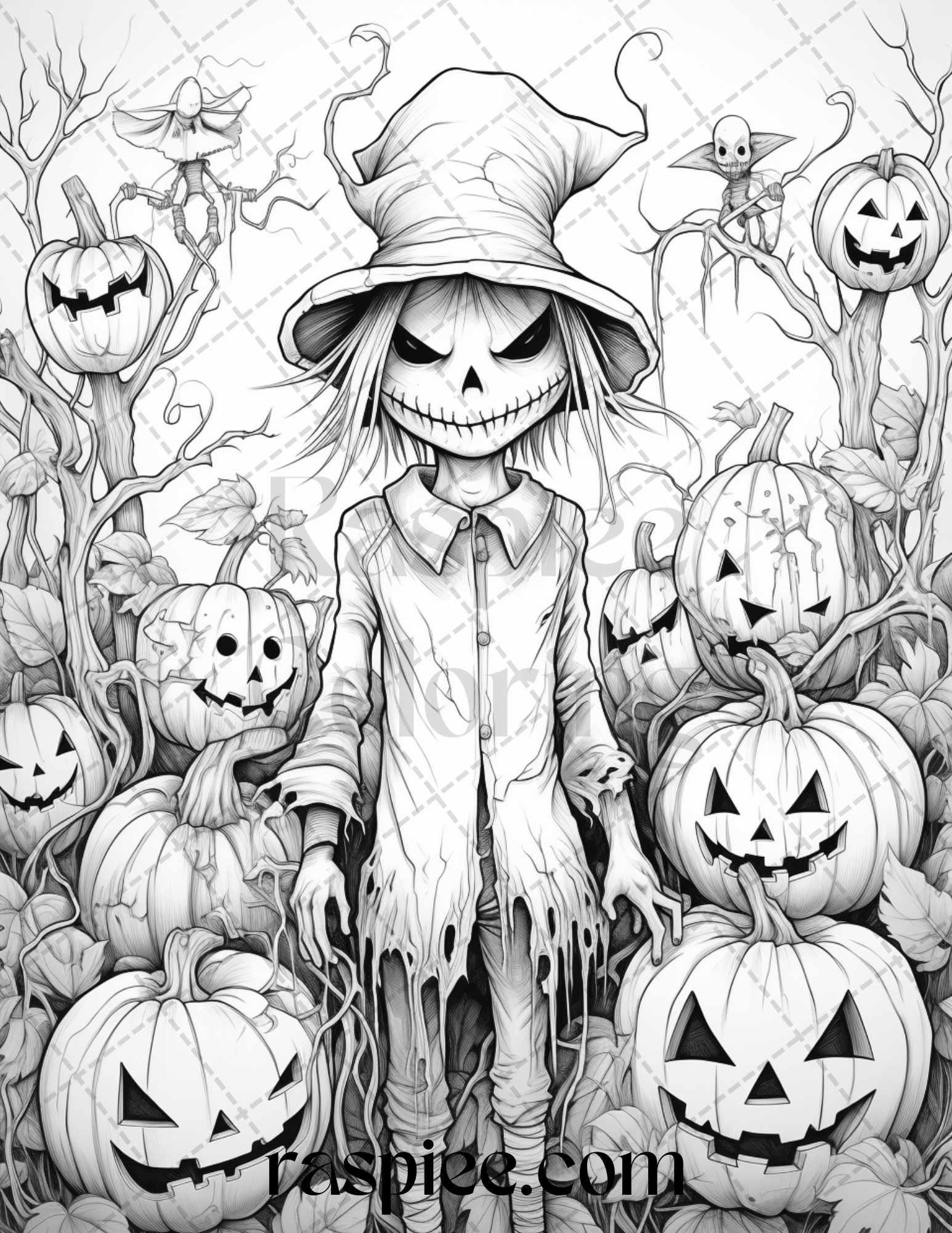 50 Halloween Scarecrows Grayscale Coloring Pages Printable for Adults, PDF File Instant Download