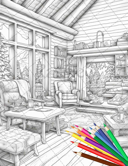 Cozy Cabin Interior Grayscale Coloring Pages Printable for Adults, PDF File Instant Download