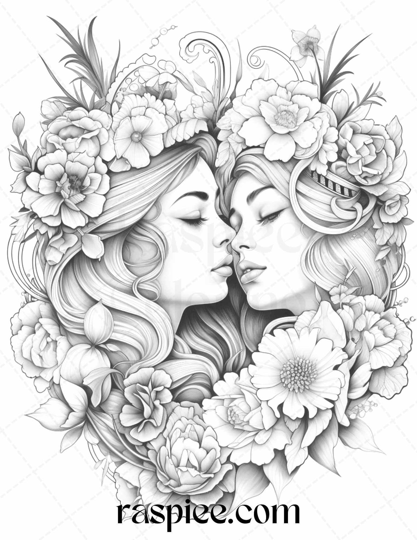 50 Romantic Couple Flowers Grayscale Coloring Pages Printable for Adults, PDF File Instant Download