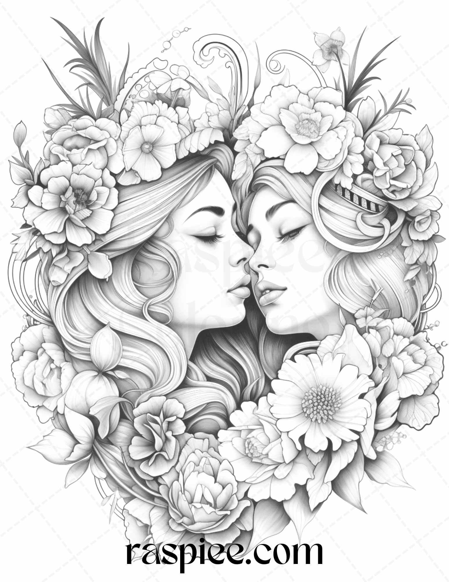 50 Romantic Couple Flowers Grayscale Coloring Pages Printable for Adults, PDF File Instant Download