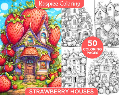 50 Strawberry Houses Grayscale Coloring Pages Printable for Adults Kids, PDF File Instant Download