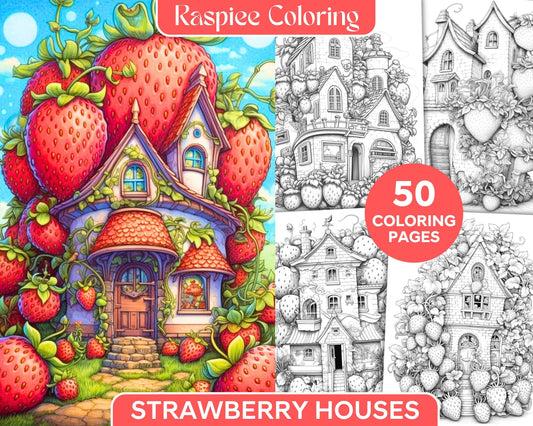 50 Strawberry Houses Grayscale Coloring Pages Printable for Adults Kids, PDF File Instant Download