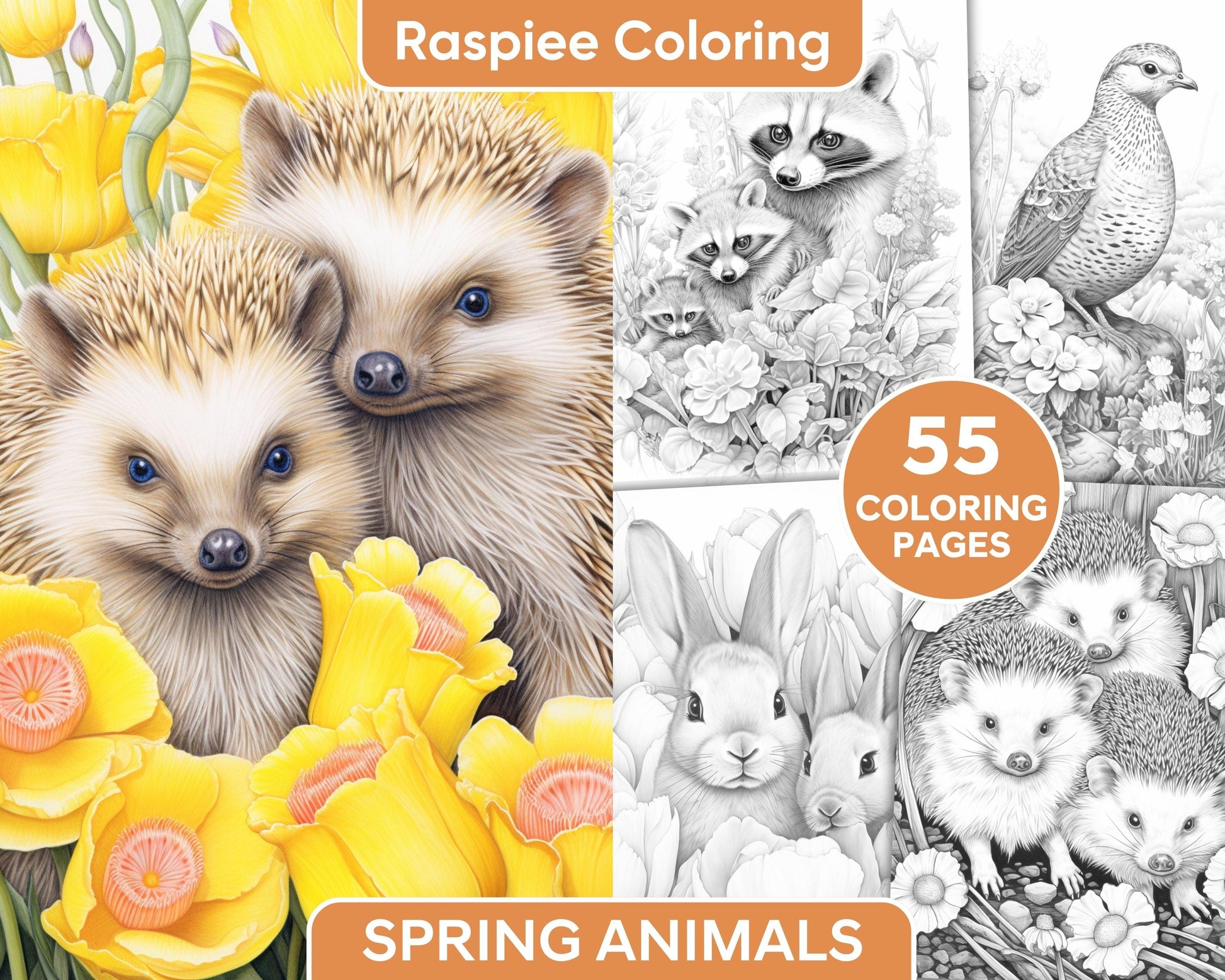 55 Enchanting Spring Animals Grayscale Adult Coloring Pages, Printable PDF Instant Download