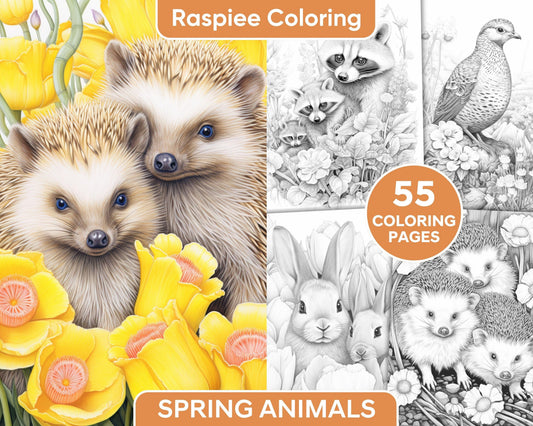 55 Enchanting Spring Animals Grayscale Adult Coloring Pages, Printable PDF Instant Download