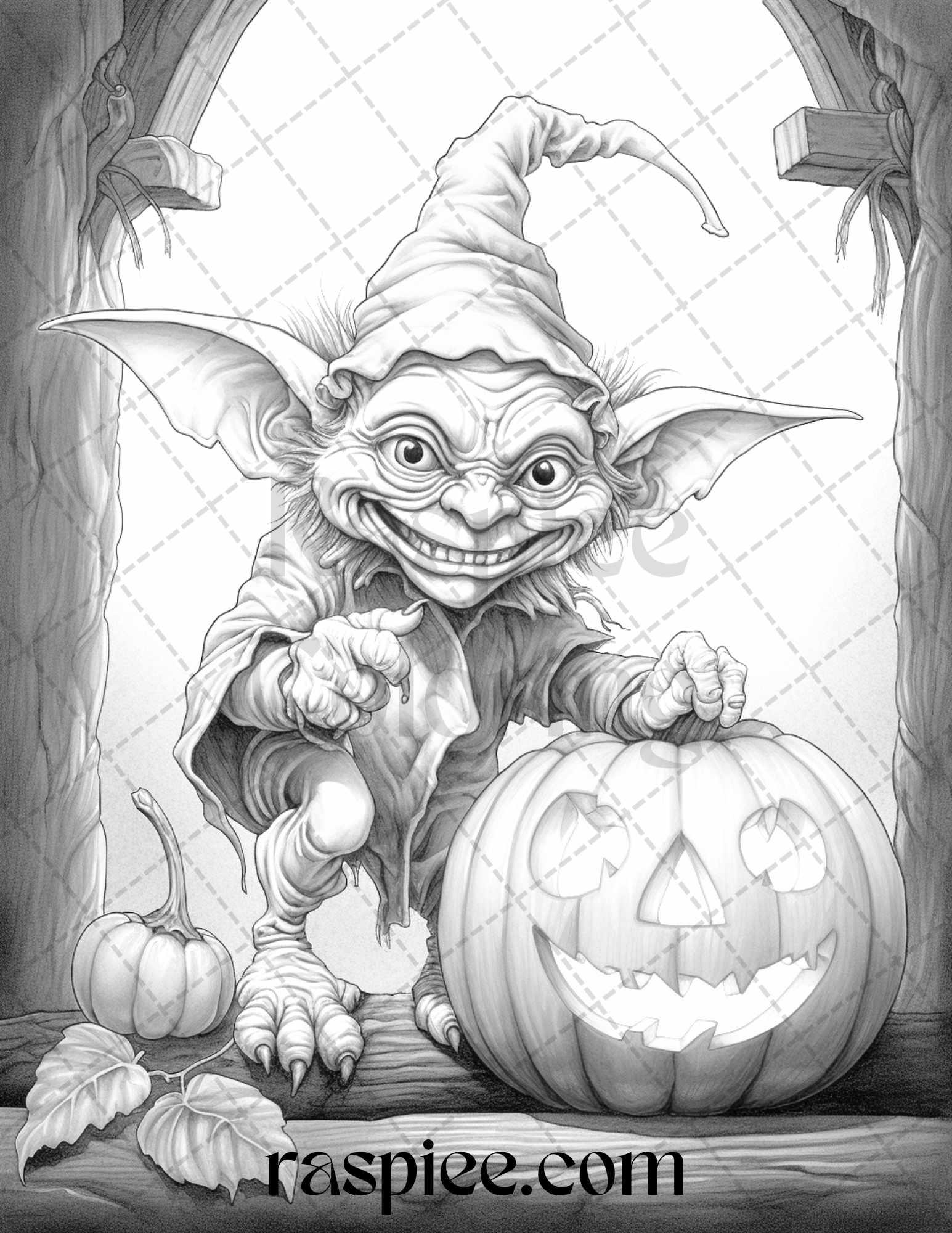50 Halloween Goblin Grayscale Coloring Pages Printable for Adults, PDF File Instant Download