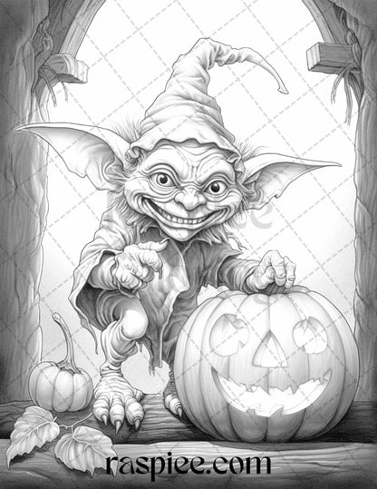 50 Halloween Goblin Grayscale Coloring Pages Printable for Adults, PDF File Instant Download