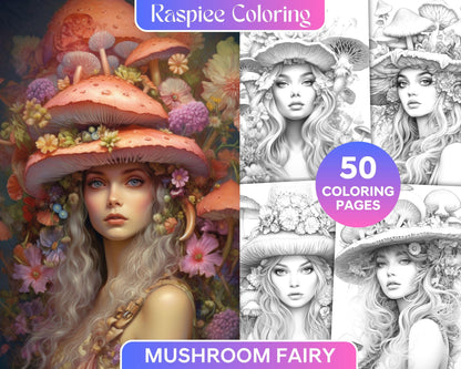 50 Mushroom Fairy Grayscale Coloring Pages Printable for Adults, PDF File Instant Download