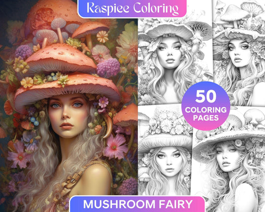 50 Mushroom Fairy Grayscale Coloring Pages Printable for Adults, PDF File Instant Download