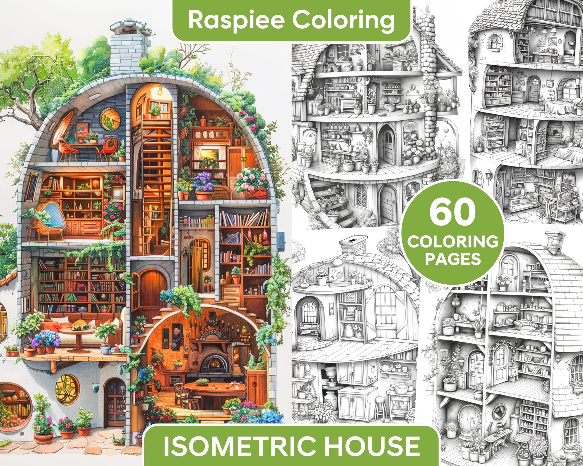60 Isometric House Grayscale Adult Coloring Pages, Printable PDF Instant Download