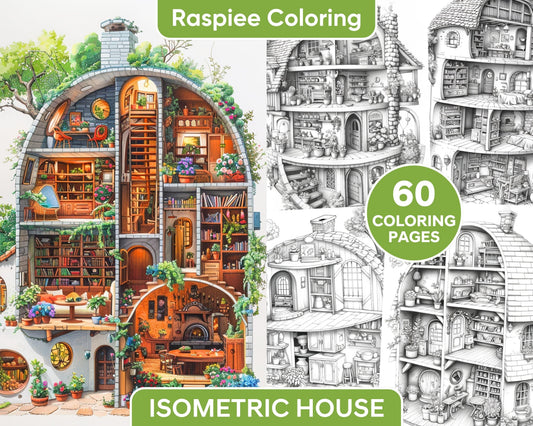 60 Isometric House Grayscale Adult Coloring Pages, Printable PDF Instant Download