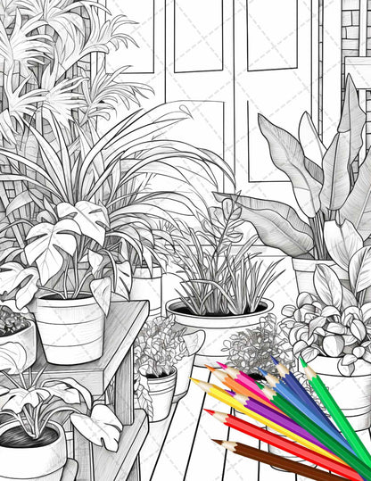 38 Indoor Houseplants Coloring Pages Printable for Adults, Grayscale Coloring Page, PDF File Instant Download