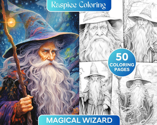 50 Magical Wizard Grayscale Coloring Pages for Adults, Printable PDF File Instant Download