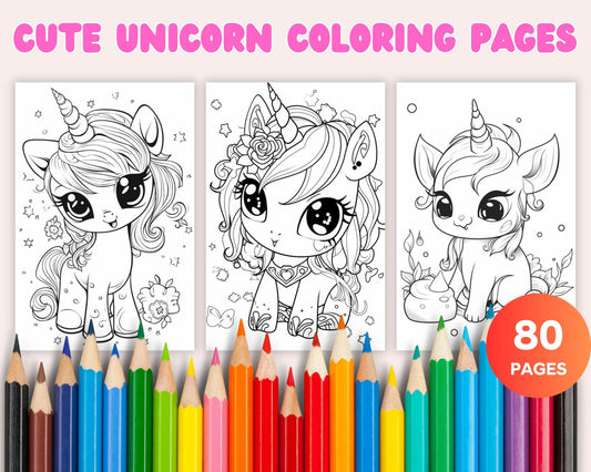 80 Cute Unicorn Printable Coloring Pages for Kids, Printable PDF File Instant Download