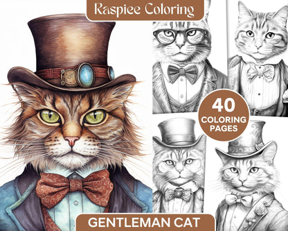 Gentleman Cat Grayscale Coloring Pages Printable for Adults Kids, PDF File Instant Download
