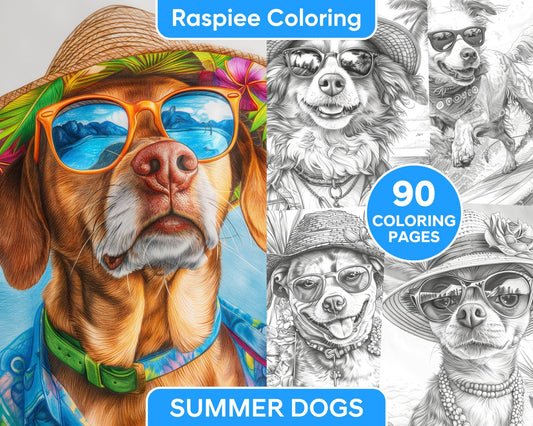 90 Summer Dogs Grayscale Adult Coloring Pages, Printable PDF Instant Download