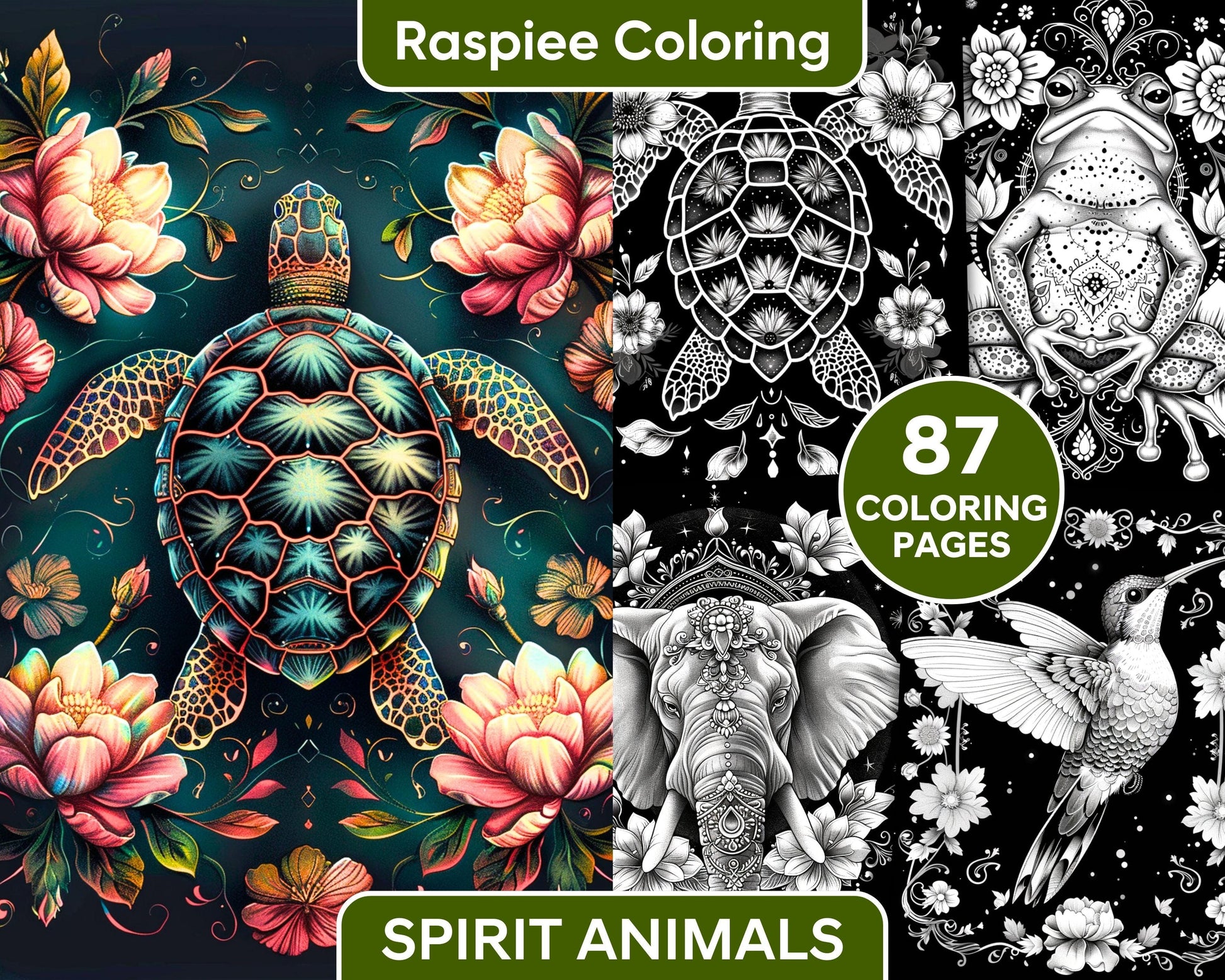 87 Spirit Animals Grayscale Adult Coloring Pages Printable PDF Instant Download