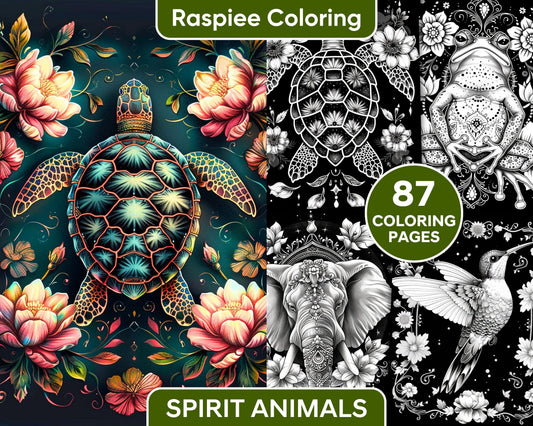 87 Spirit Animals Grayscale Adult Coloring Pages Printable PDF Instant Download