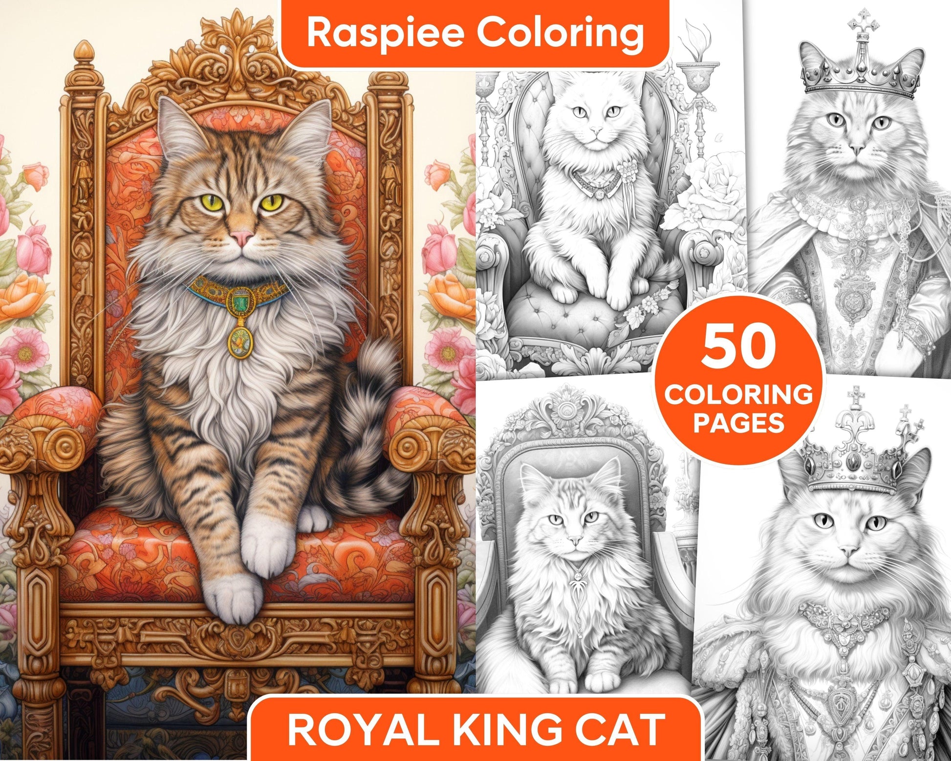 50 Royal King Cat Grayscale Coloring Pages for Adults, Printable PDF Instant Download