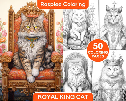 50 Royal King Cat Grayscale Coloring Pages for Adults, Printable PDF Instant Download