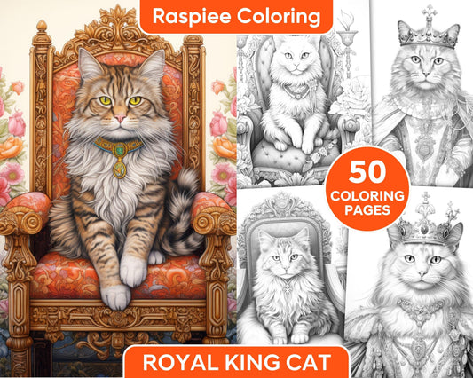 50 Royal King Cat Grayscale Coloring Pages for Adults, Printable PDF Instant Download