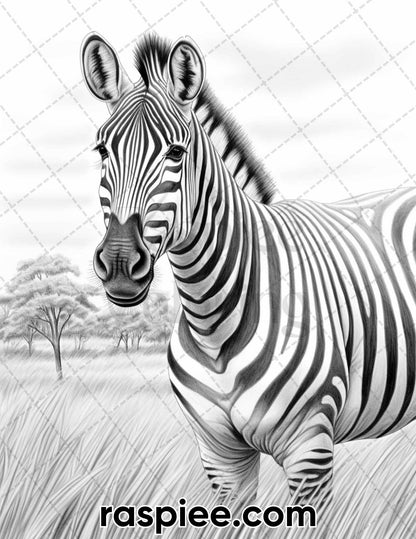 55 Wild Animals Grayscale Coloring Pages for Adults, Printable PDF Instant Download